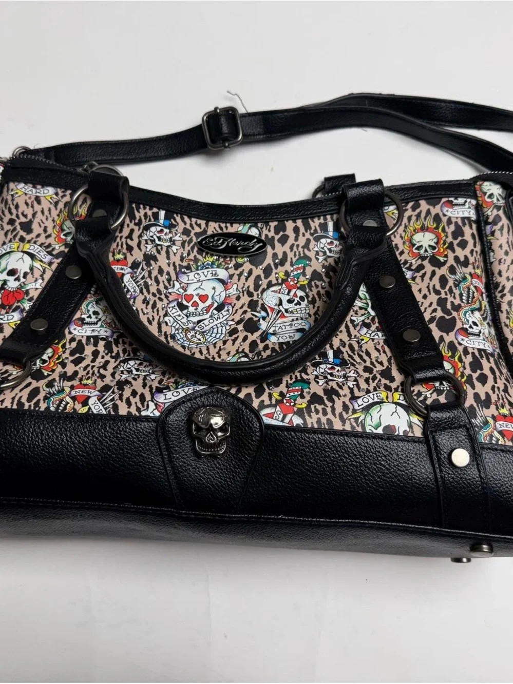 Ed Hardy Black & Leopard Skull-Print Shoulder Bag
